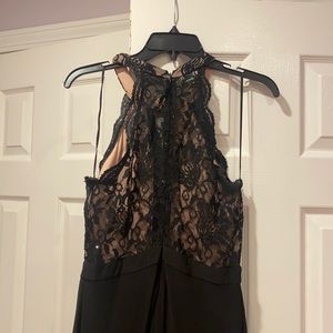 Morgan and Co. Elegant Long Black Prom Dress with Lace Top and Slit